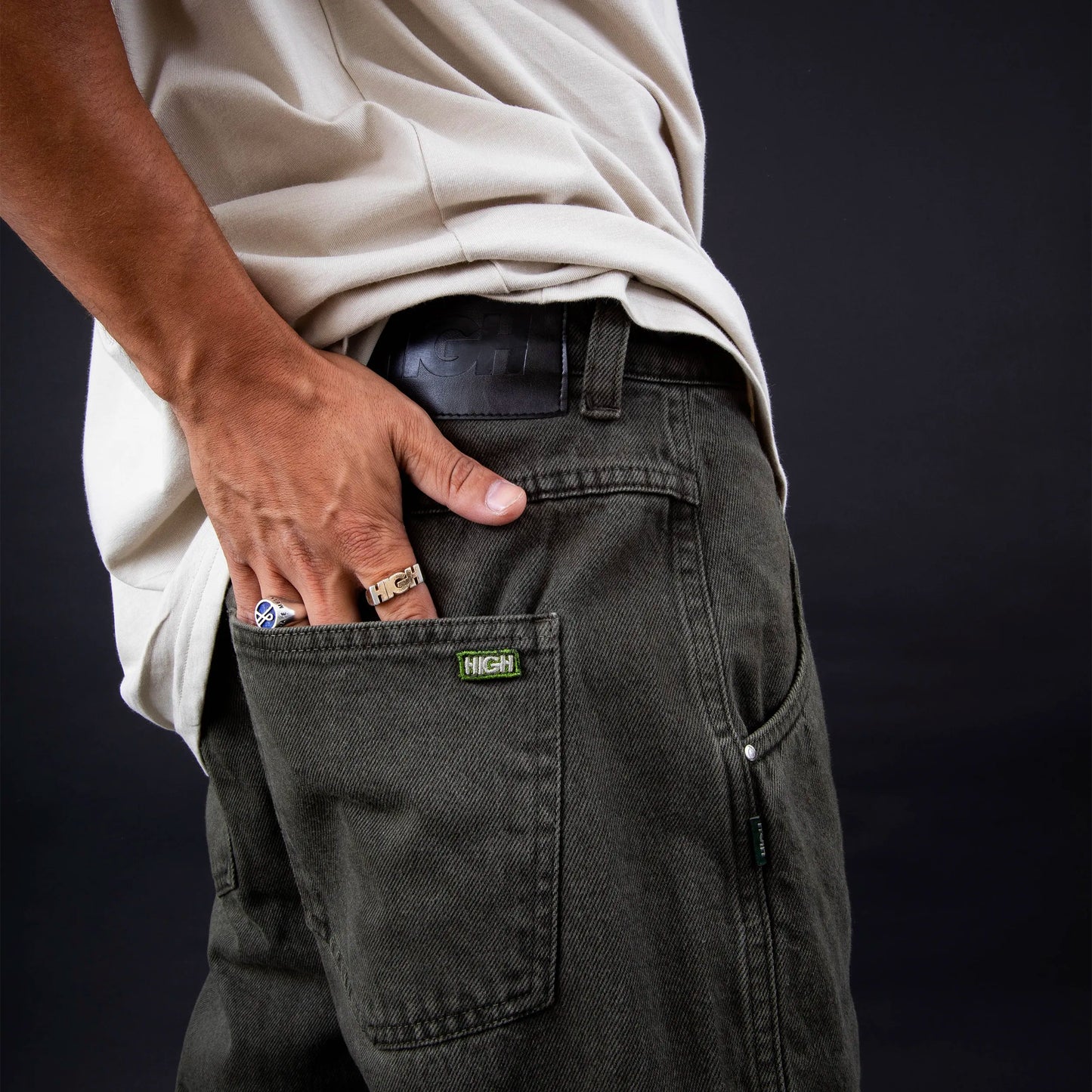 High Company Jeans Pants Logo Line Desert Green